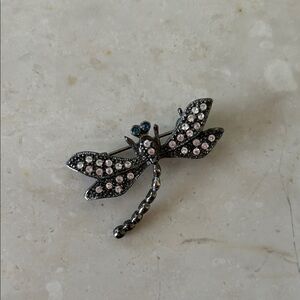 Crystal Dragonfly Brooch Pin - Clear with blue eyes and Black Accent